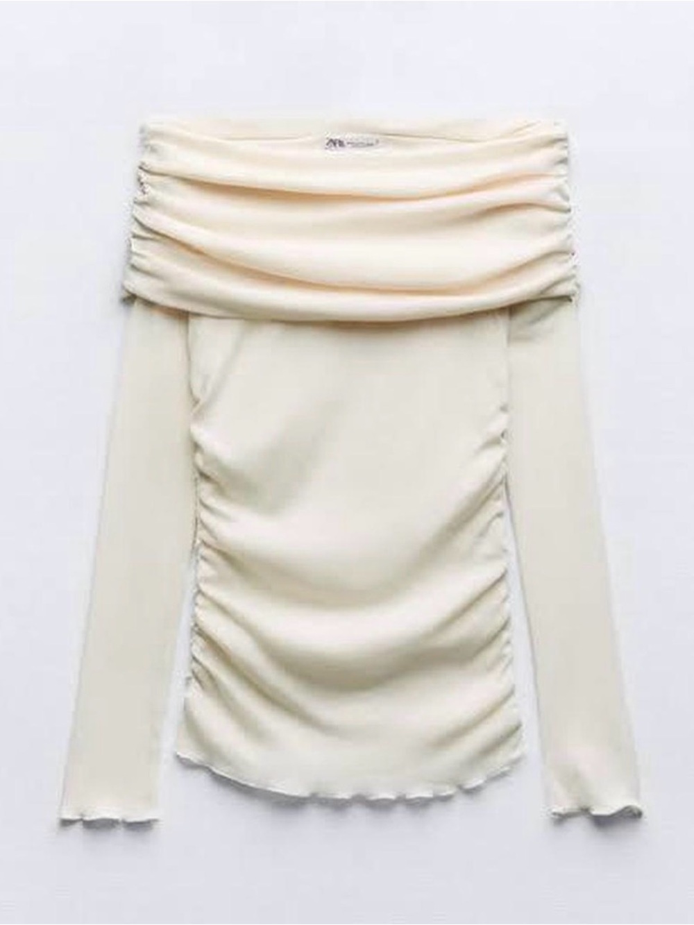 Zara Cream Off-Shoulder Semi Sheer Long Sleeve Ruched Top